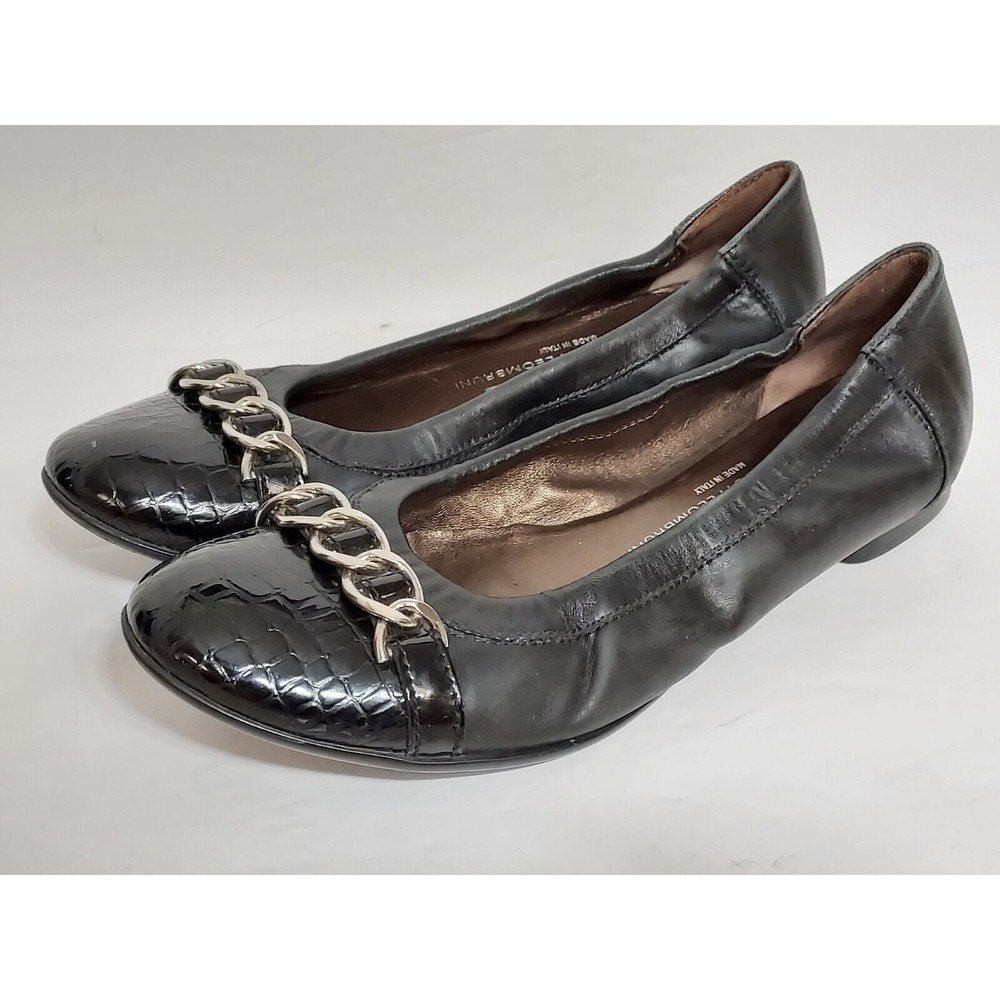 AGL Italy Leather Ballet Flats Women's Size 8 Conditioned Black Cap Chain Comfy